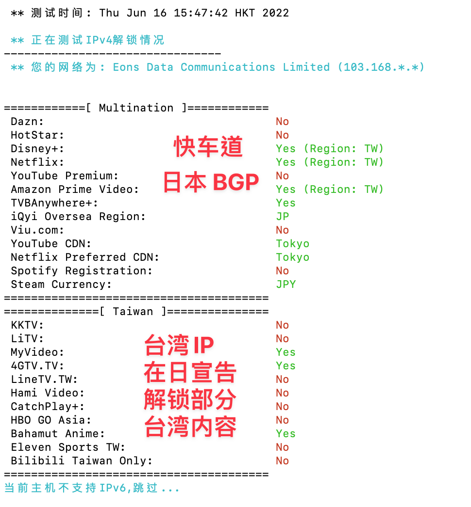 快车道日本BGP，解锁部分台湾内容。